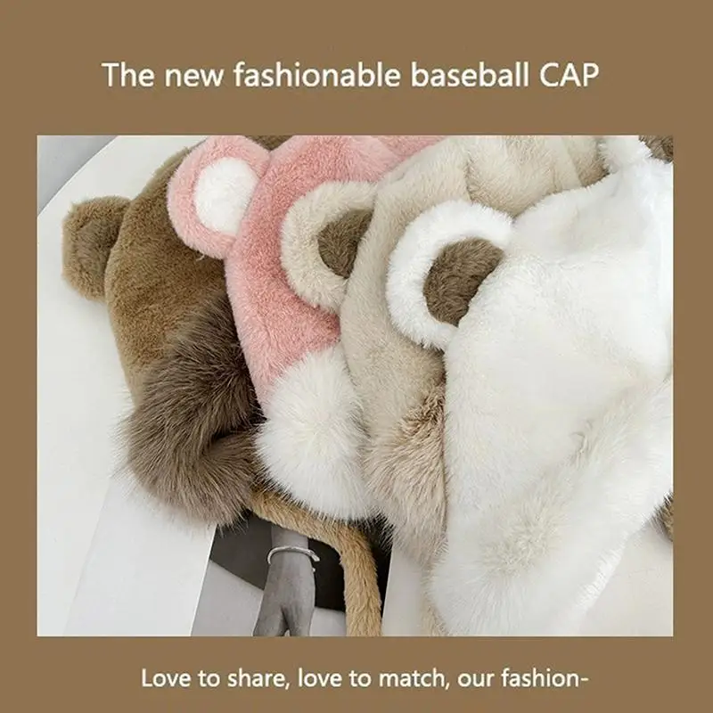 Plush Bear Ear Faux Fur Winter Hat Women Windproof Thick Beanie Trapper Cap With Strap For Snow Skiing And Cold Weather Wear
