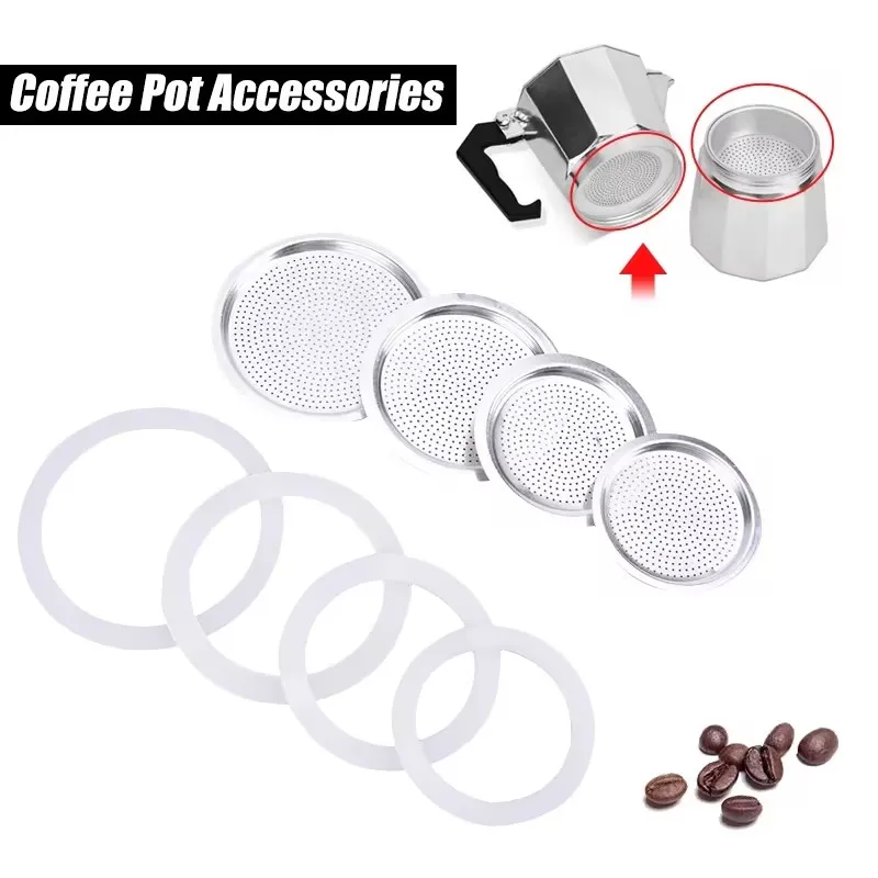 1 Set, 3pcs Silicone Gaskets and 1pc Aluminum Filter Moka Pot Coffee Bottle Replacement Compatible with 3/6/9/12 Cup Moka Expres