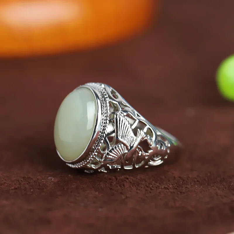 Hetian White Jade Cabochon With Ruyi Inlay, Classical Style Open Ring