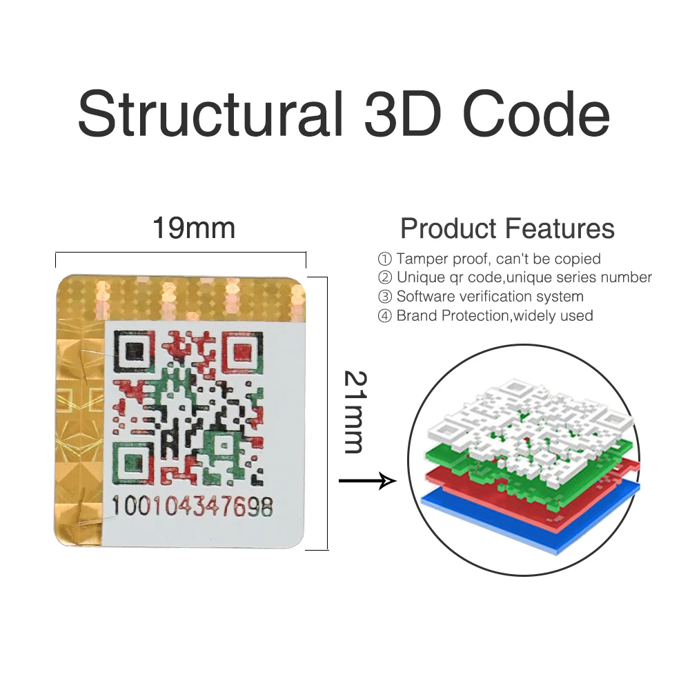 Tamper Proof 3D QR Code Sticker Label Free Authenticity Query Software System 1000 Units 19x21mm Security Tags For Packaging