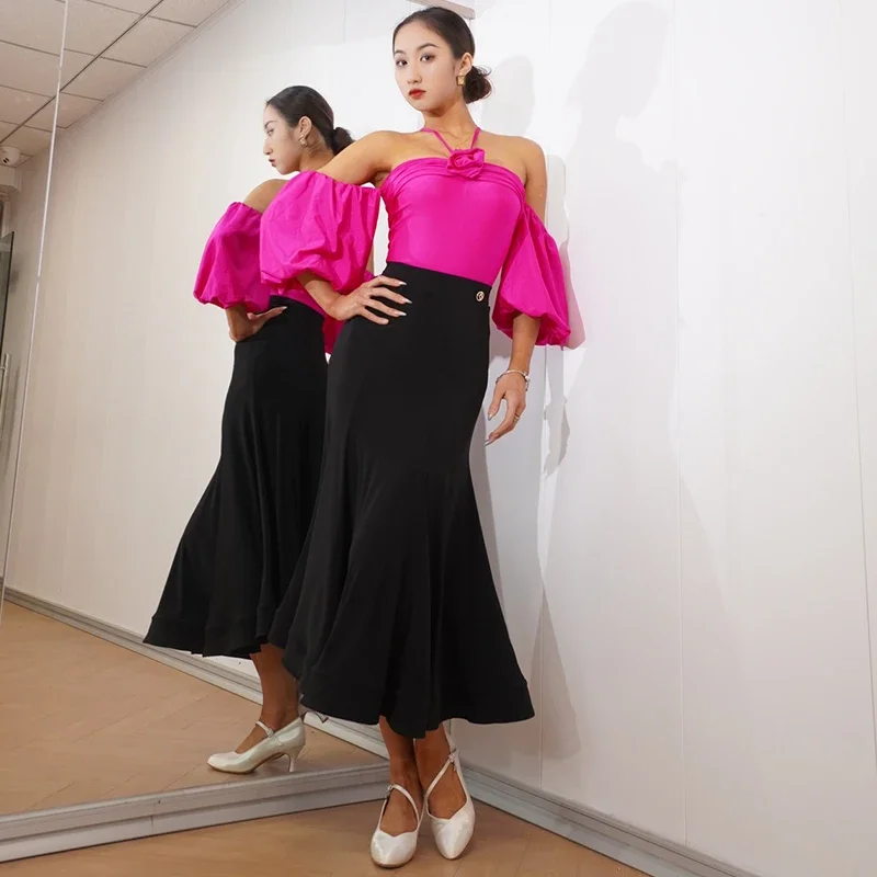 

2024 Ballroom Dance Performance Costume Women Sexy Rose Pink Tops Black Skirt Waltz Dance Clothes Ballroom Dance Dress BL10616