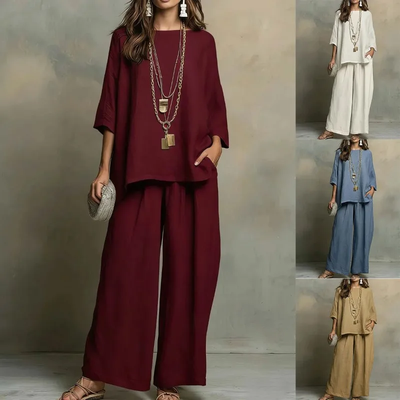 

2026 Summer Fashion New Women's Cotton and Hemp Set Loose Round Neck Long Sleeve High Waist Wide Leg Pants Two Piece Set