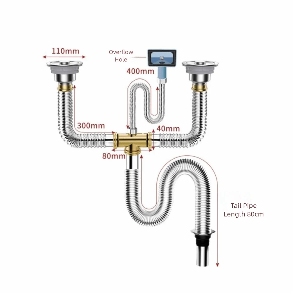 Stainless Steel Sink Drain Pipe Set Single Double Bowl Anti-Clog Anti-Leak Drainage Kit Easy Install Space Saving