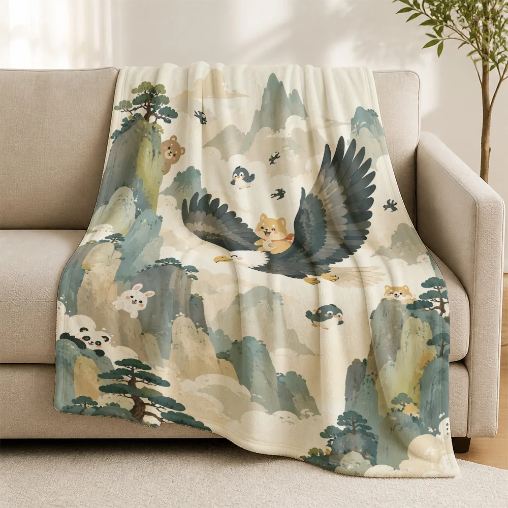 Premium Aesthetic Mountain Landscape Bear Print Throw Blanket Sofa Cover Cozy Winter Home Decor Gift for Living Room