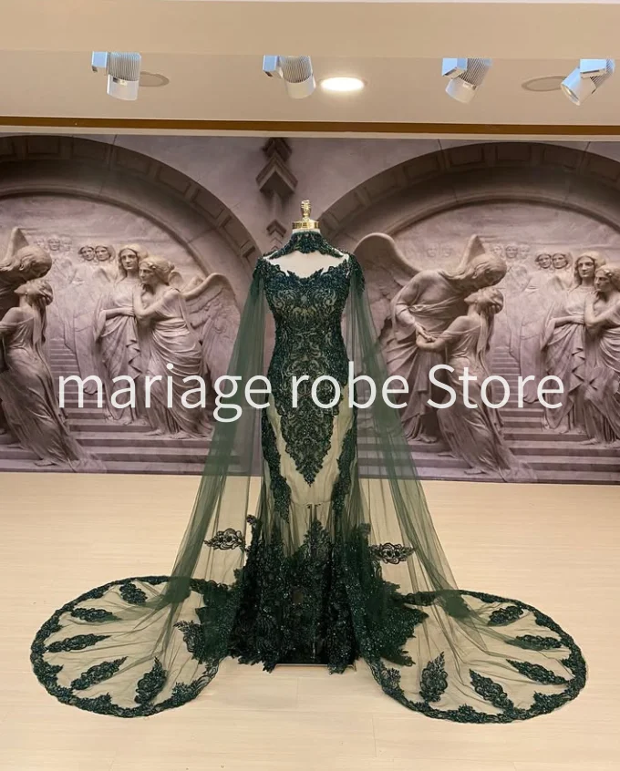 Emerald Green Luxury Nikkah Ceremony Wedding Dresses with Cape Veil Gillter Beaded Applique Summer Bridal Gown Outfit Customized