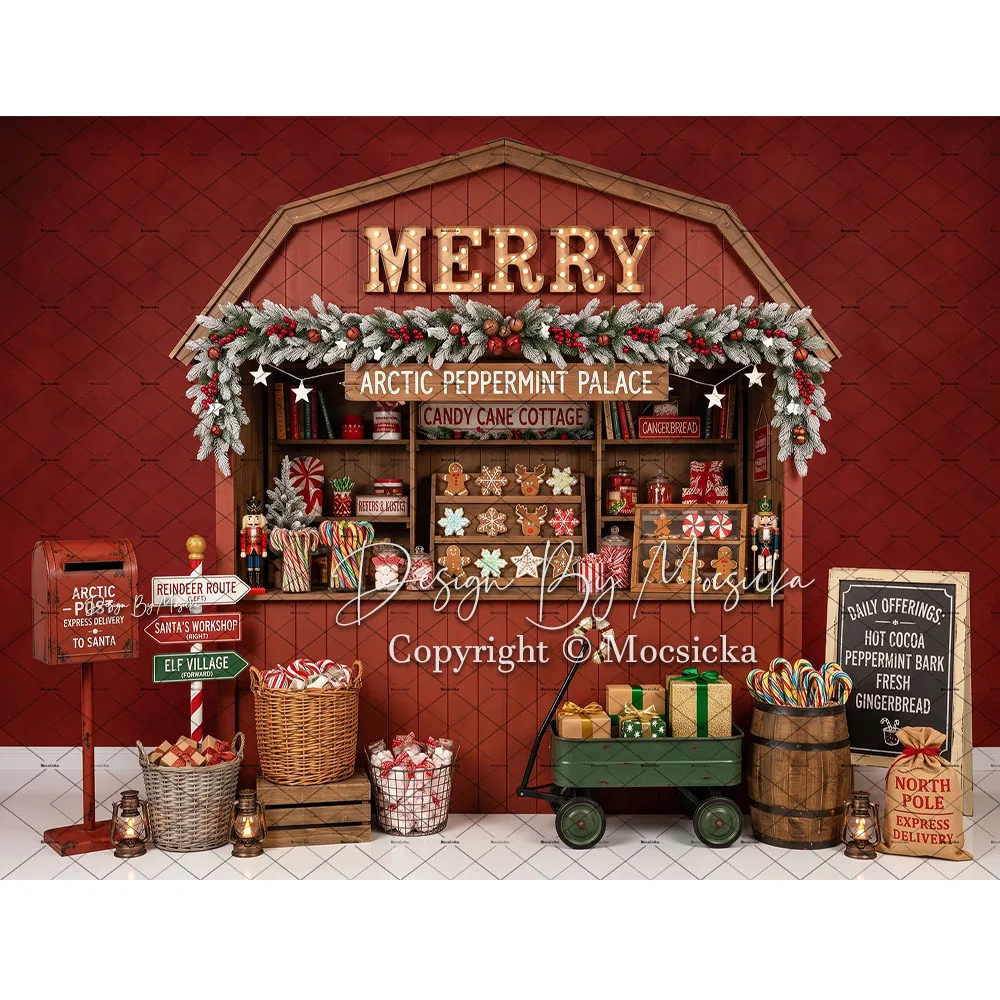 Mocsicka Backdrop Photography Christmas Gingerbread Market Bakery Cane Nutcracker Holiday Garland Background Winter Studio Photo