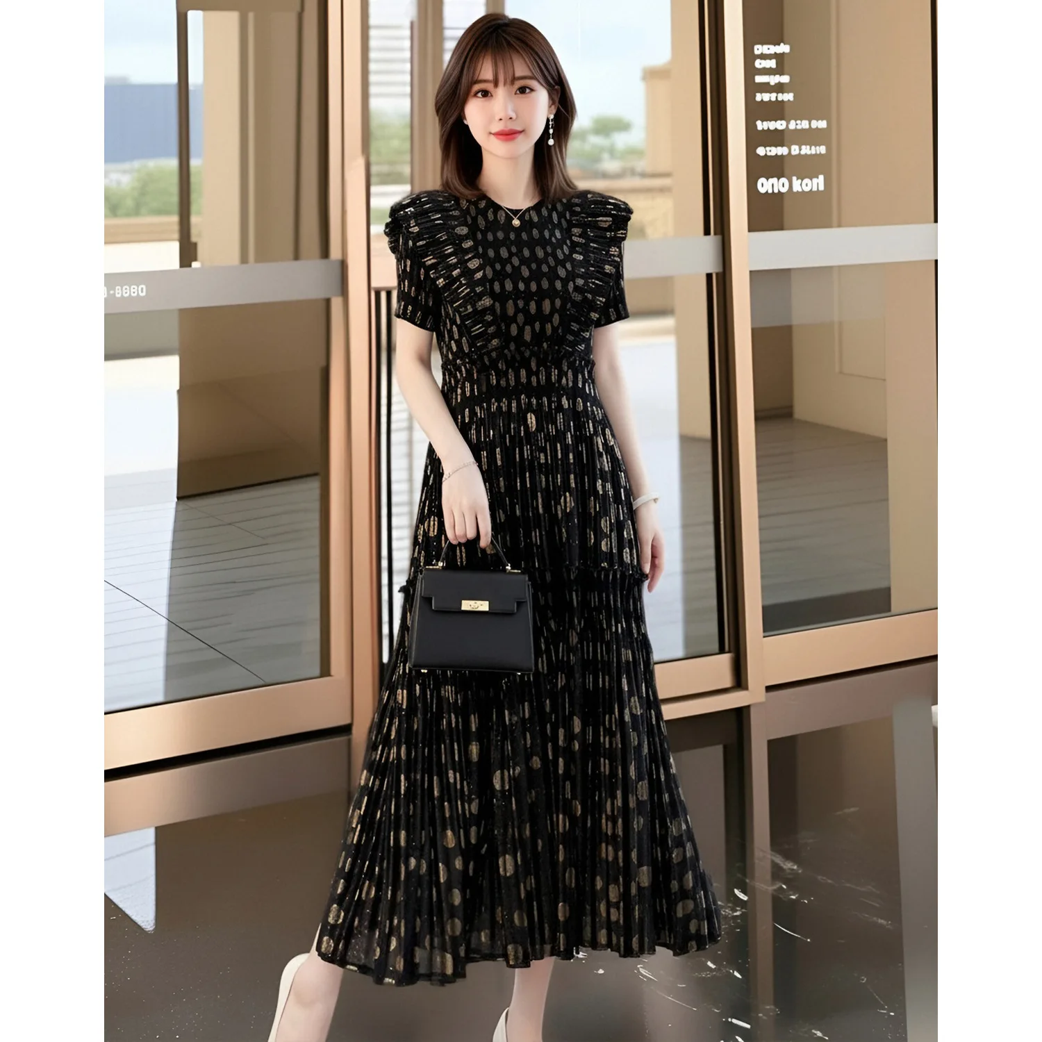 

Miyake New Sweet O Neck Flying Sleeve Dress Ruffles Chiffon Print Patchwork Pleated Robe Japan Elegant Literary Casual Vestido