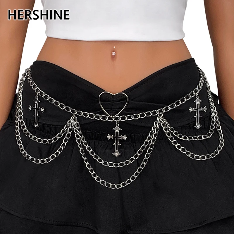 HERSHINE Women's Silver Three-Layer Cross Chain Waist Chain, Y2K Gothic Punk Harajuku Style Rock Hip Hop Accessory，spring，summer