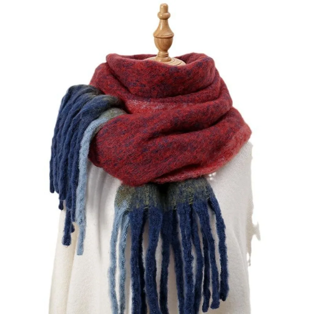 Classic Gradient Knitted Scarf with Tassel Thickened Winter Neck Wrap Long Soft Fluffy Thermal Warm Scarf for Women