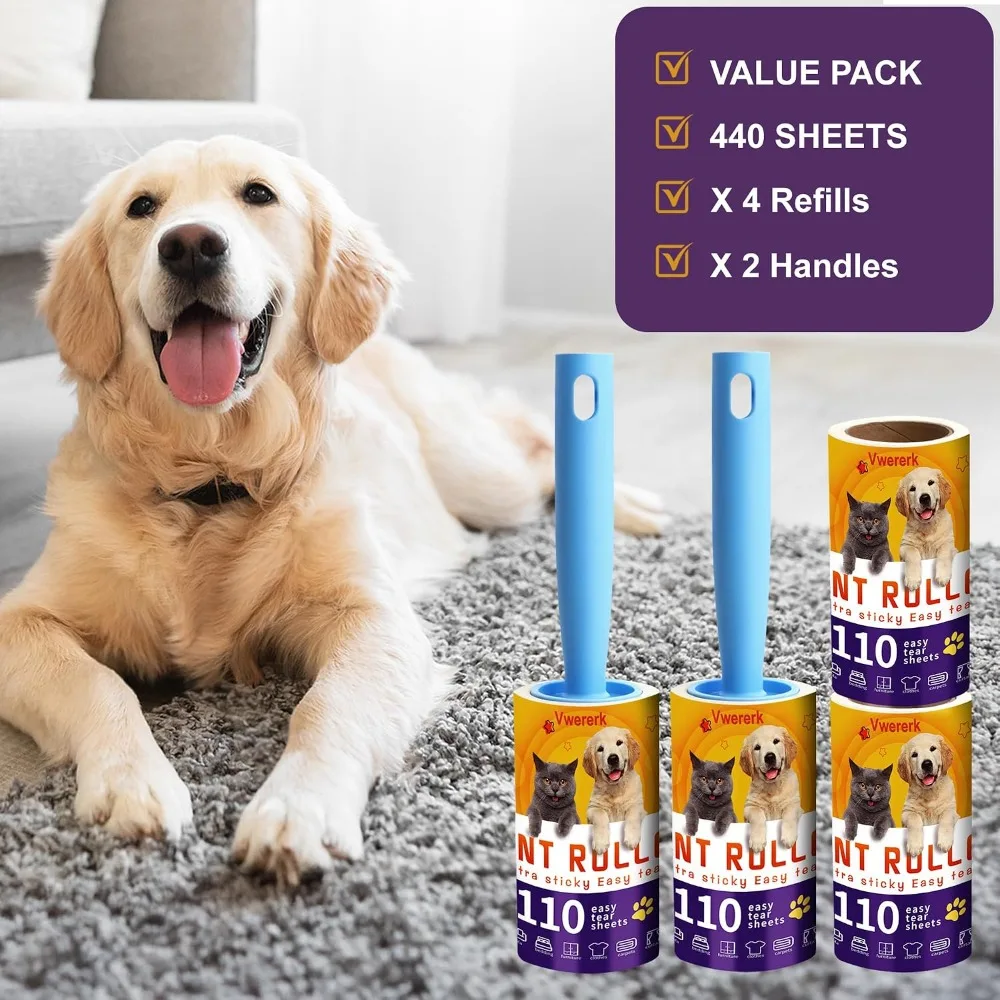 Extra Sticky Lint Rollers for Pet Hair, 440 Sheets with 2 Durable Handles, for Clothes Furniture Carpet