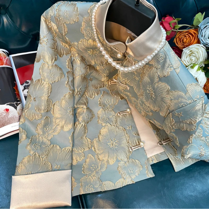 2024 Spring Fall Women Blue Dobby Floral Patchowrk Chinese Style Elegant Coat Jacket , Woman Vintage New Flower Jacquard Coats