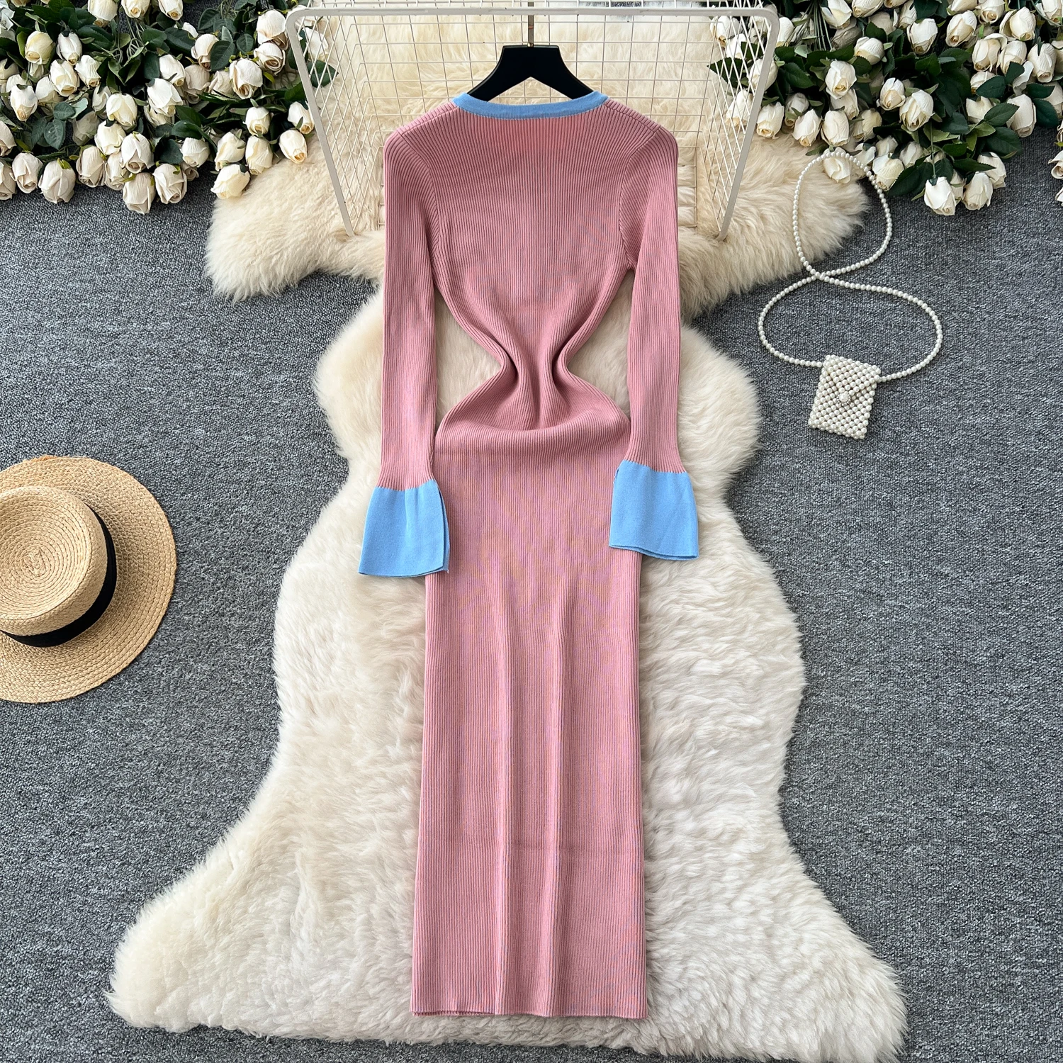 Robe longue en tricot pour femmes, Style français, Vintage, col rond, fente, manches longues, pull, Hit Color Patchwork, Slim, nouvelle collection automne 2026