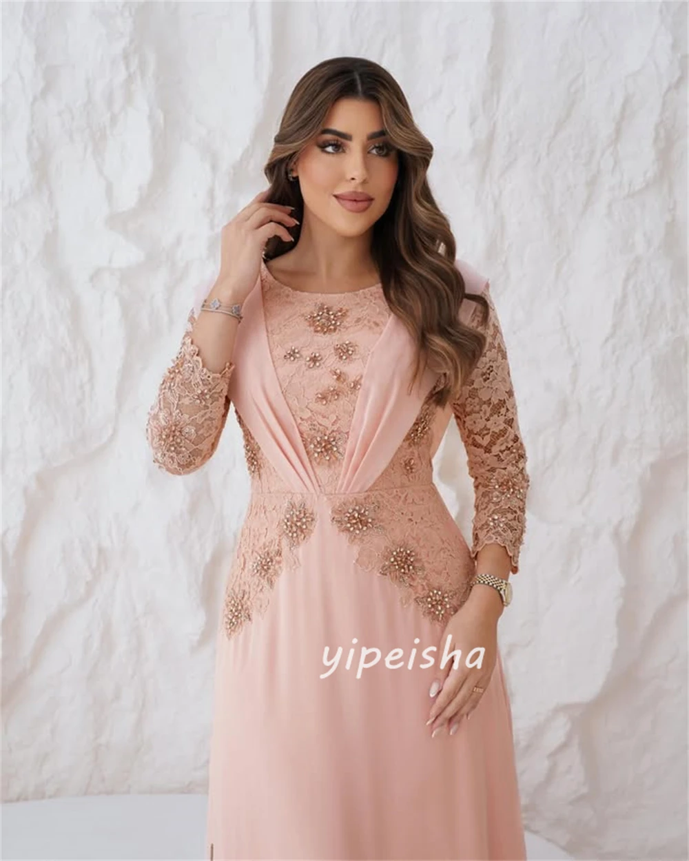 Maßgeschneiderter moderner Stil, modisch, Chiffon, Perlenstickerei, Spitze, A-Linie, U-Ausschnitt, knöchellange Kleider, Abendkleider, hochwertig, formell