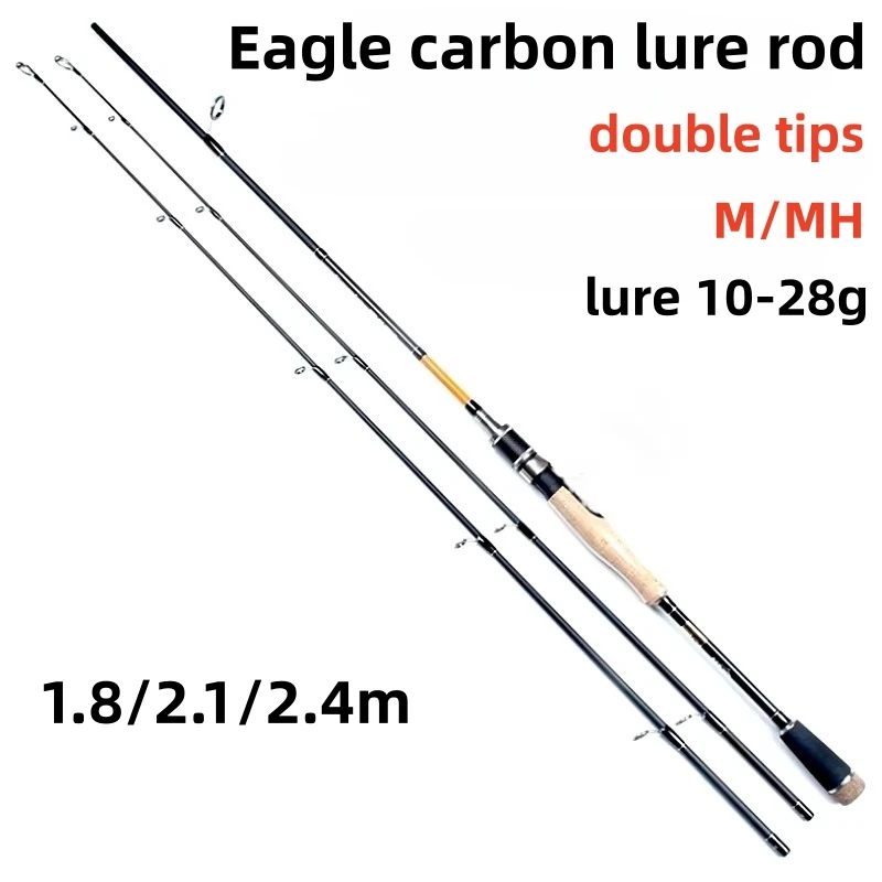1.8/2.1/2.4m Double Tips Carbon Fiber Bass Fishing Rod Spinning Strong M/MH Power 2 Sections Lure 8-30g Casting Fishing Pole
