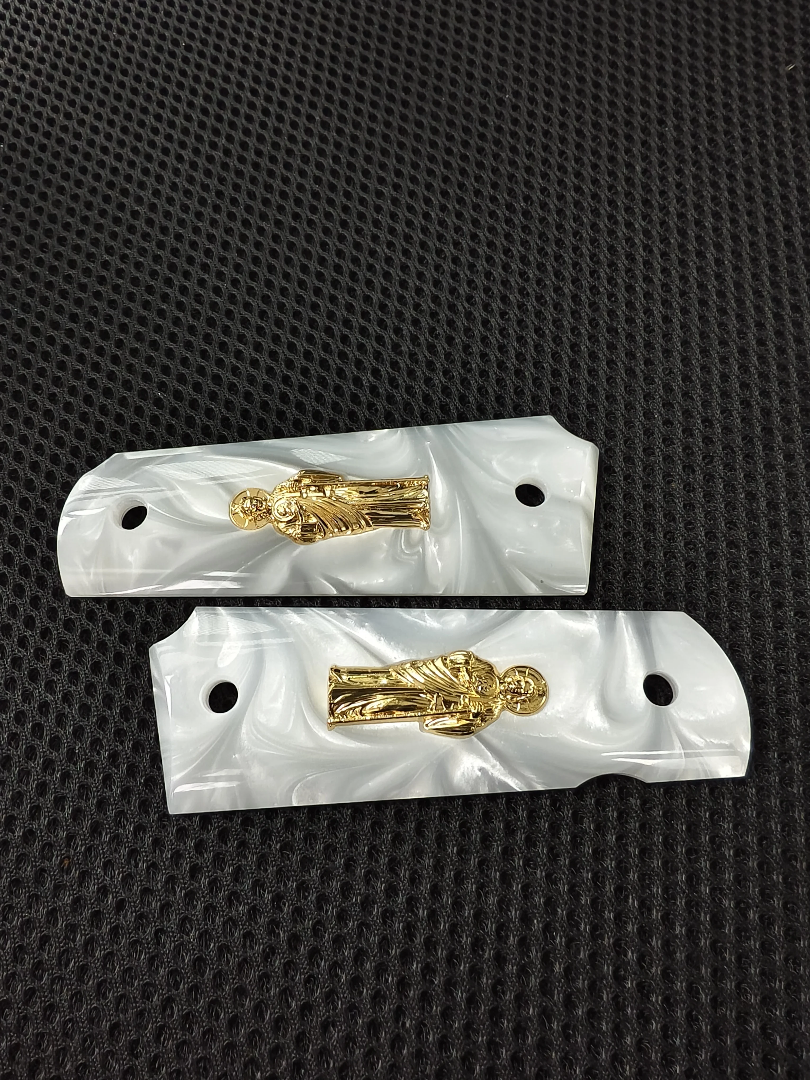 1911 Grips Full Size,White pearl with Gold Saint Jude ,Fits Colt,Kimber,Springfield,Remington,Rock Island,Government Commander