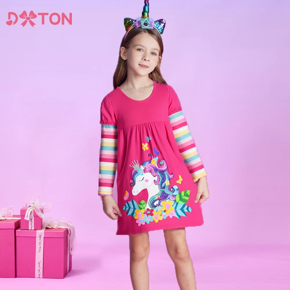 

DXTON Children's Cotton Dress Rainbow Sleeve Autumn Floral Girls Daily Dress Pocket Striped Kids Toddler Holiday Dress Clothing
