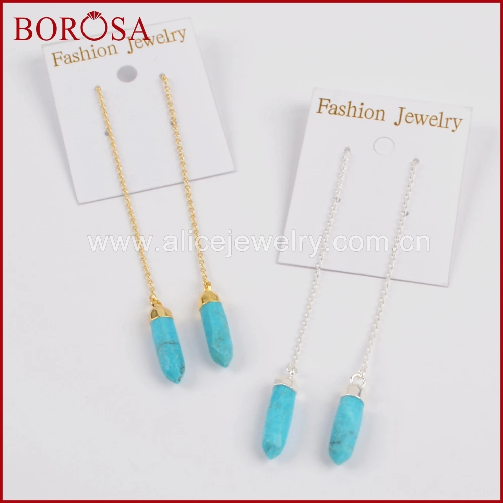 Gold Plated Natural Turquoise Point Faceted Threader Earrings Healing Stone Dangle Earrings for Women Jewelry G1343