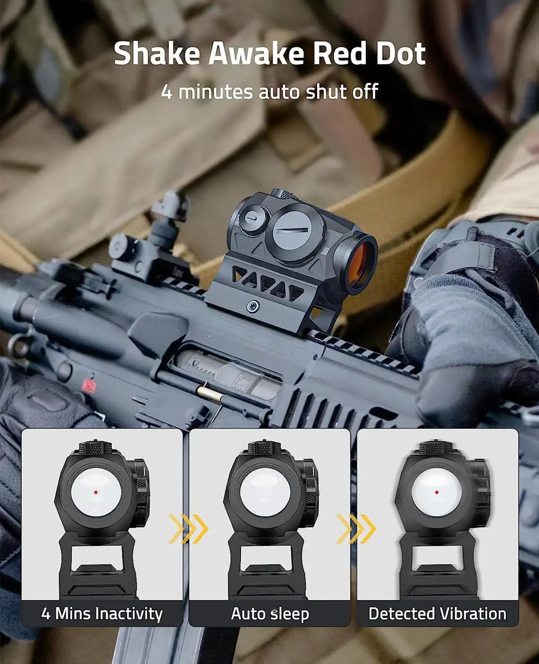 Motion Awake Red Dot Sight 2MOA Red Dot IPX7 Impermeabile 1000G Antiurto Ottica compatta Portata 10 Luminosità con Co-Witness Rise