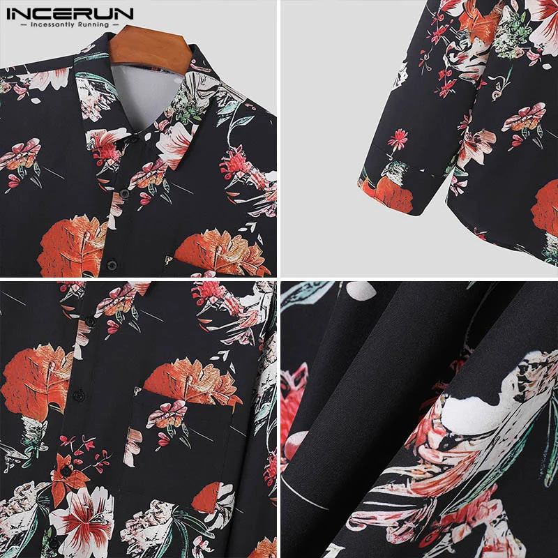 INCERUN Tops 2024 Fashion Vacation Style Men Floral Printed Shirts Casual Streetwear Hot Sale Three-quarter Sleeve  Blouse S-5XL