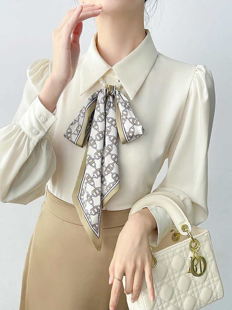 

Ele Korean Sle Satin irt Women's Long Sve Knot Design Belted Top Faionable Commute Pure Color French S...