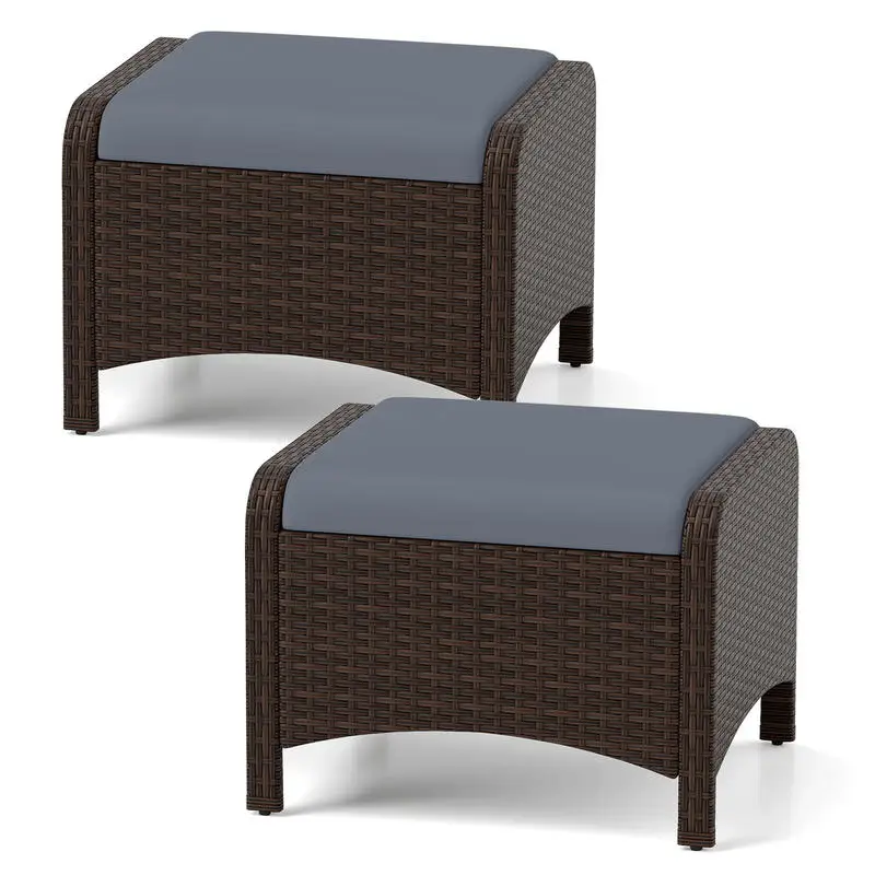 Ensemble de 2 poufs de jardin en rotin pour l'extérieur avec coussins rembourrés, sièges supplémentaires, table d'appoint, capacité de charge de 180 kg, gris