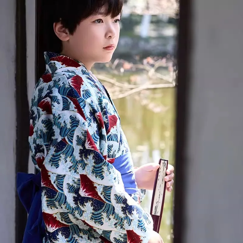 Japan Style Children Yukata Boys Summer Traditional Prints Kimono with Belt Kid's Cosplay Costume Performing Wear