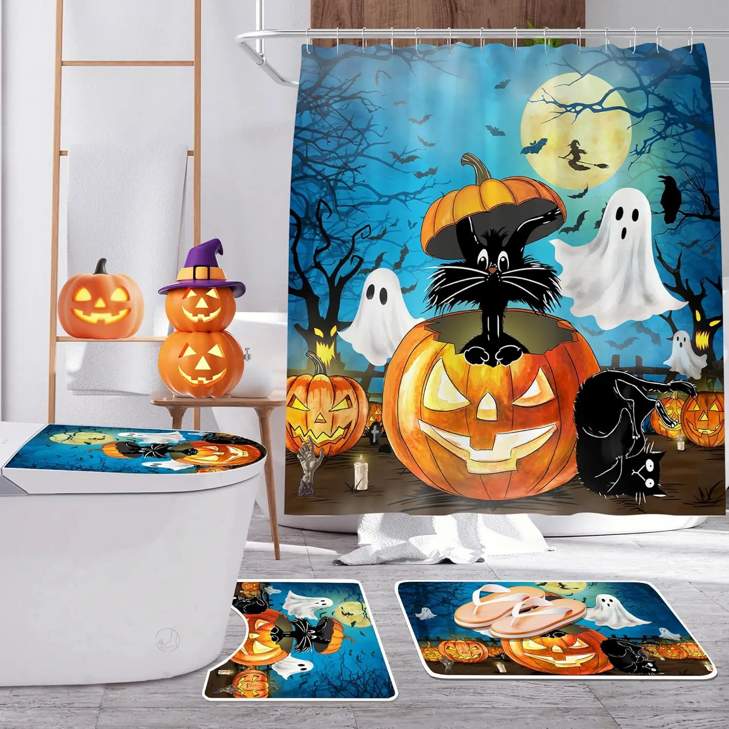 

Занавеска для душа на Хэллоуин для ванной комнаты, декор для ванной комнаты на Хэллоуин, фестиваль из 4 предметов, набор тыквы с синим призраком и черным котом, нескользящая