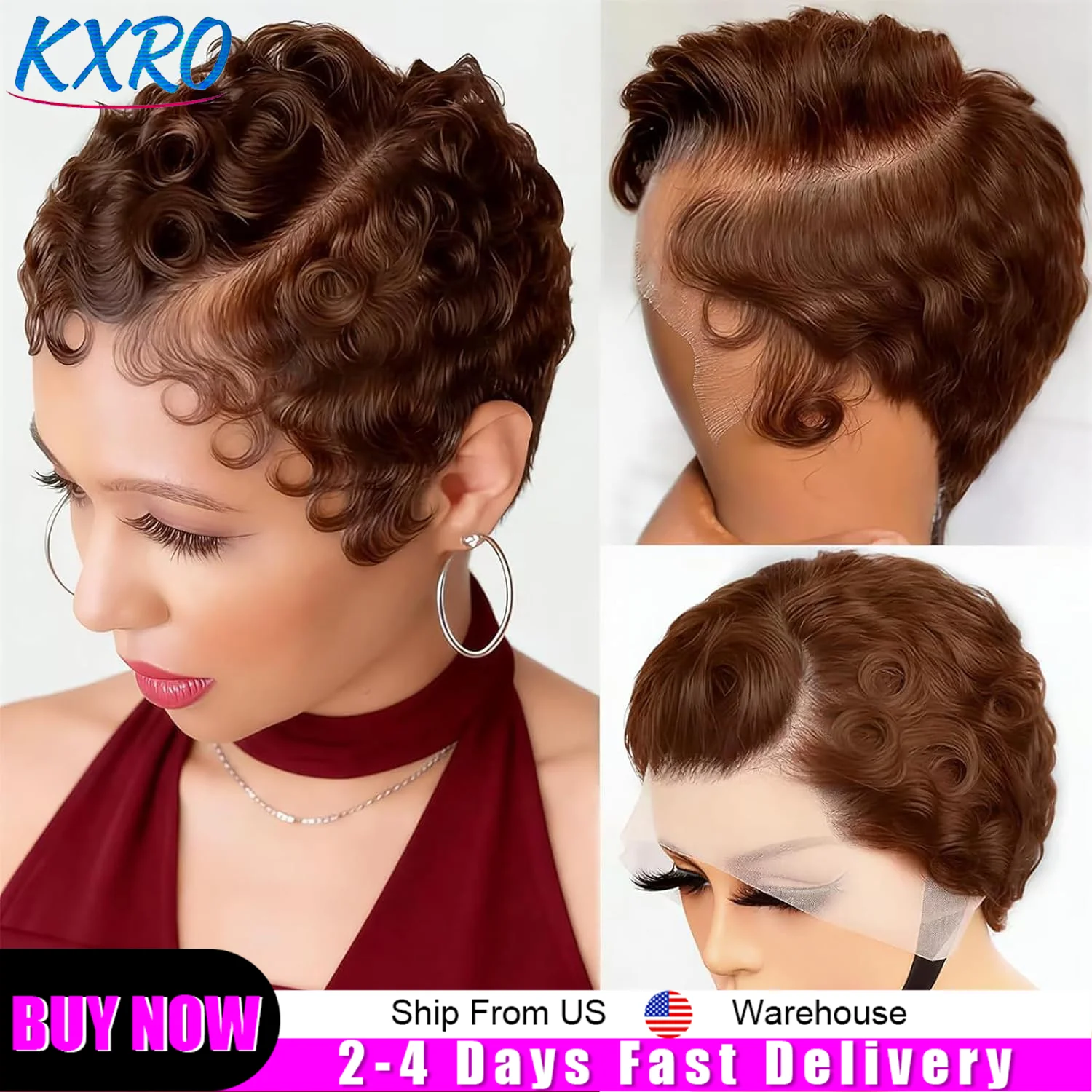 

Brown Short Curly Pixie Cut 13x4 Lace Front Wigs Remy Human Hair for Women Chocolate 4# Wavy Layered Glueless Wigs With Bang