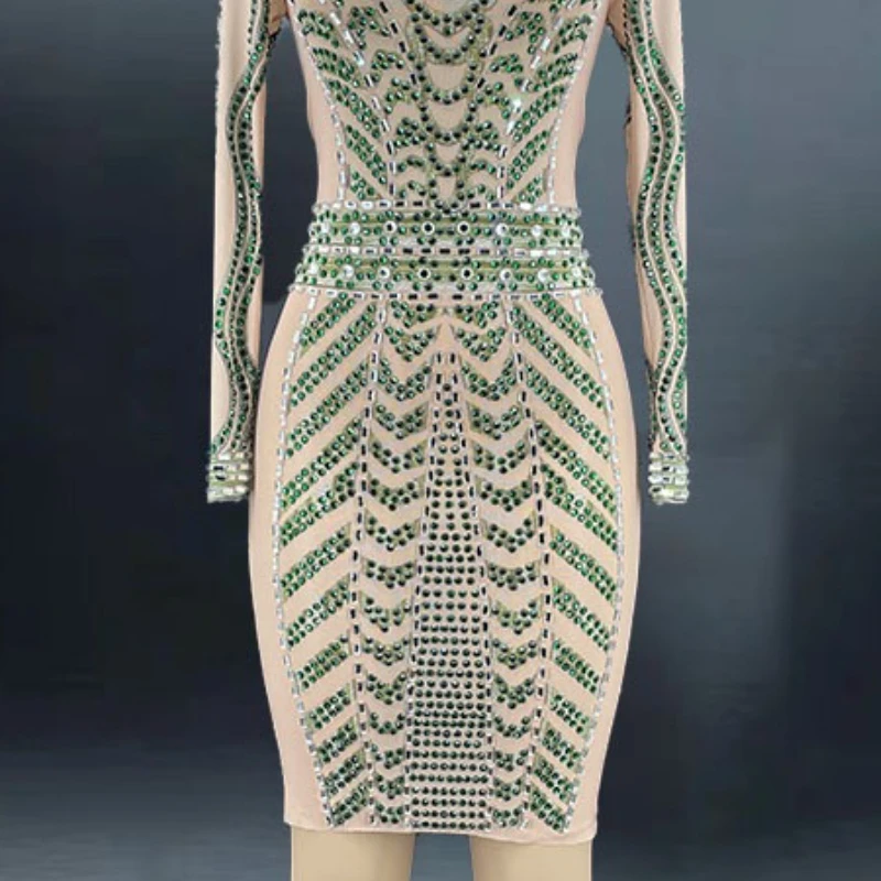 Luxury Green Sequins Birthday Party Dress Stage Performance Costume Diamond Plus Size Summer Ladies Wear Casual Elegant Fashion