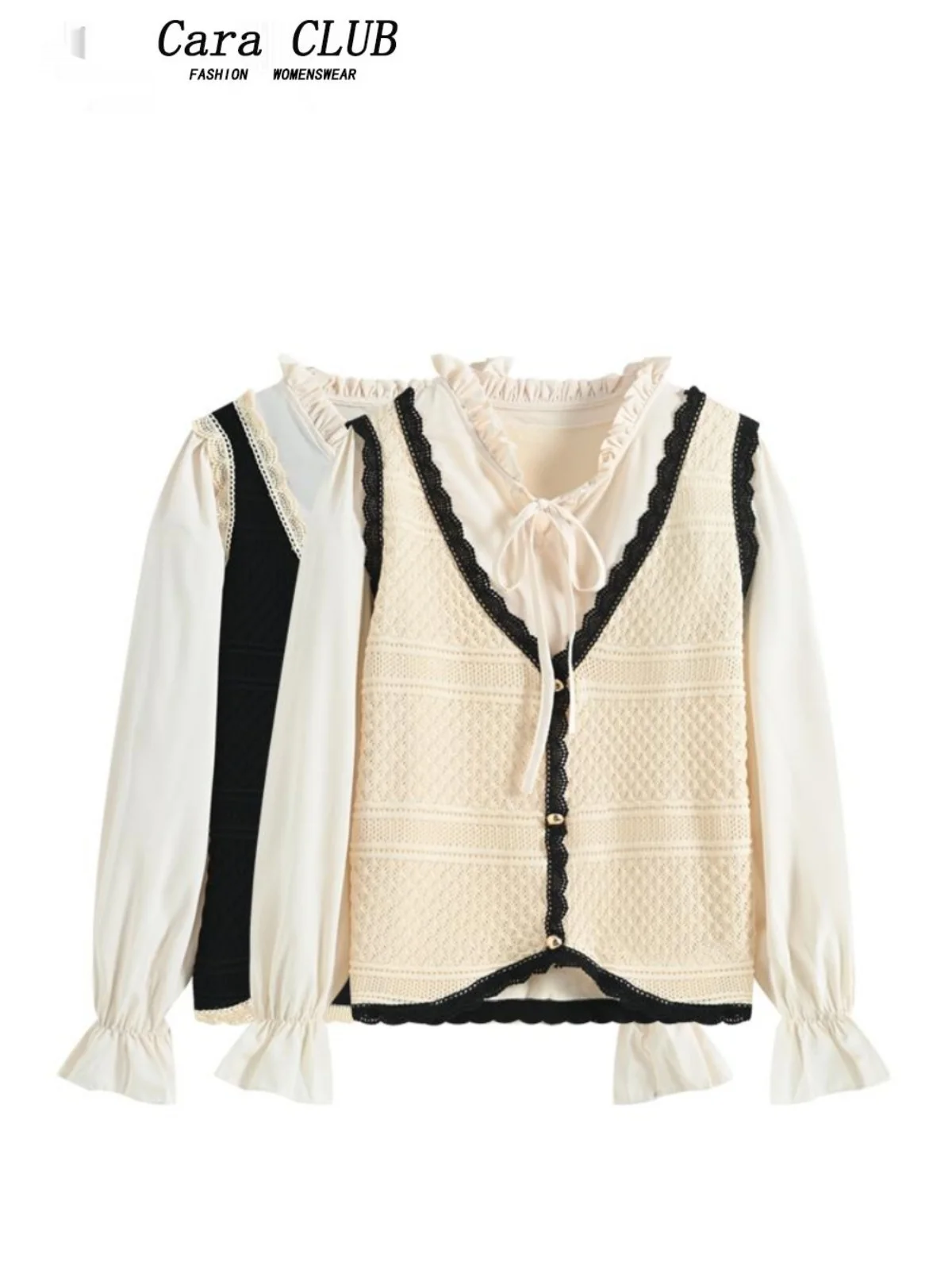 

CaraCLUB plus Size Knitted Vest irt Women's Autumn Plump Sister Slimming Patchwork Fake Two-Piece Design Sense Top