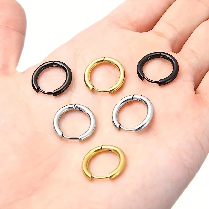 1 pairs Unisex Punk Hypoallergenic Stainless Steel Small Round Hinged Hoop Earrings Set for Men and Women 8mm/10mm/12mm Sizes