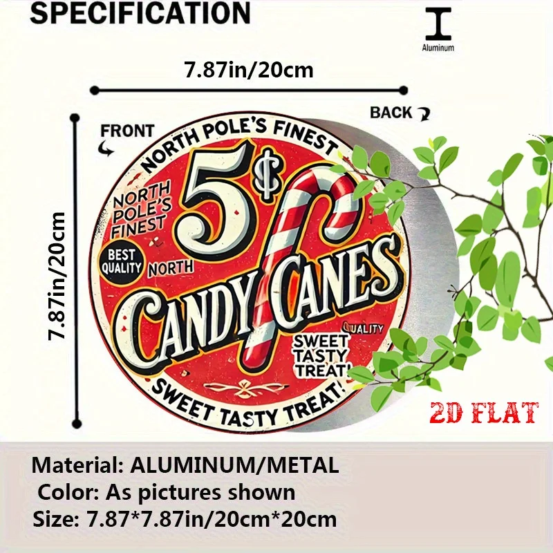 2D Flat, 1pc Vintage North Pole Candy Cane Metal Wall Art - 7.87x7.87 Inch Round Aluminum Sign with Festive Holiday Design,