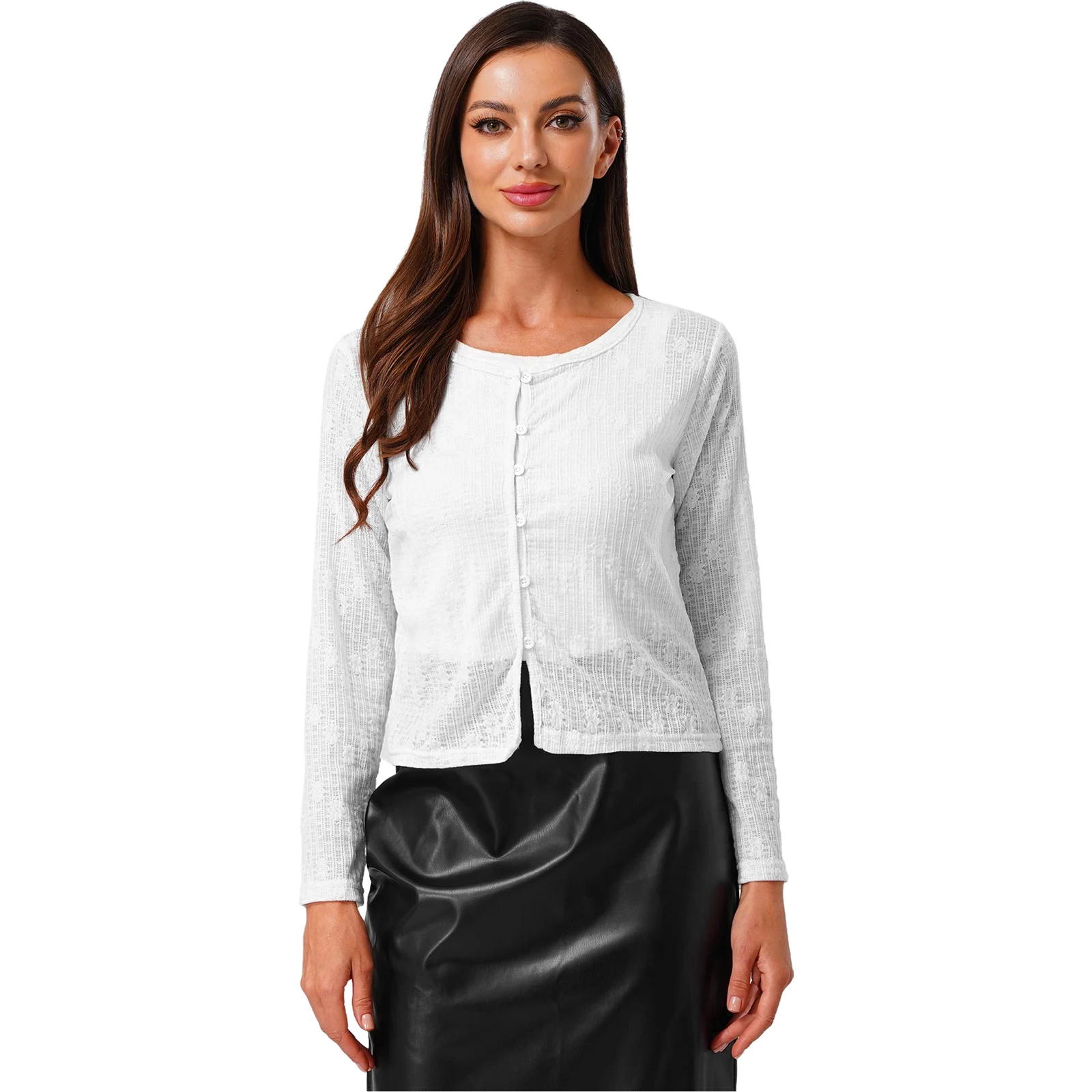 

Women Cardigan Tops Exquisite Jacquard Long Sleeve Crew Neck Button-up Shrugs Bolero Cover Up Blosue for Vacation Beach Shopping