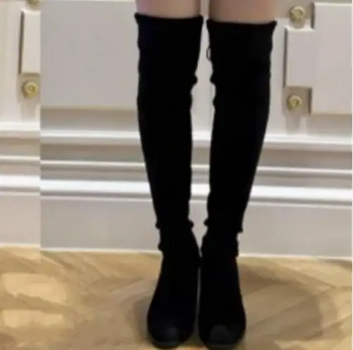

Classtic Women Black Black Cow Suede Solid Round Toe 6 CM Square Heels Over The Knee Boots Lady Lace Up Thigh Long Socks Boots