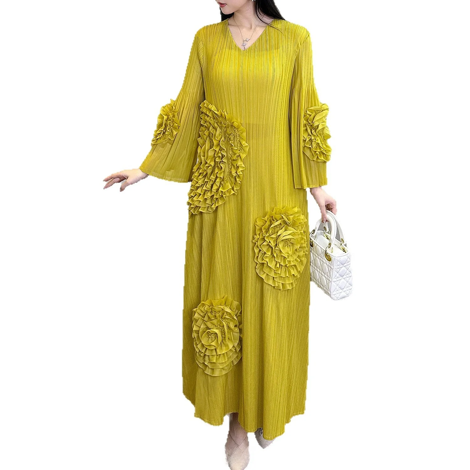 Vestido F Plus Size Estilo Urbano Solto com Mangas Largas e Saia em A de Cintura Alta para Outono