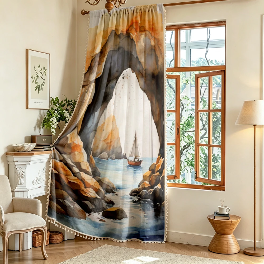 1PC Vintage Tassel Sheer Curtains, watercolor sea cave boat, Digital Print, Linen Polyester, Living Room Bedroom Window Decor