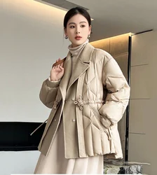 2023 mujeres nuevo cuello coreano pliegues Casual Vintage abajo abrigo bolsillos grandes Color sólido Original abajo abrigo