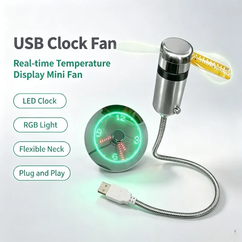 USB Mini Cooling Fan Portable Digital Clock RGB LED Light Fan for Laptop PC Notebook Desktop