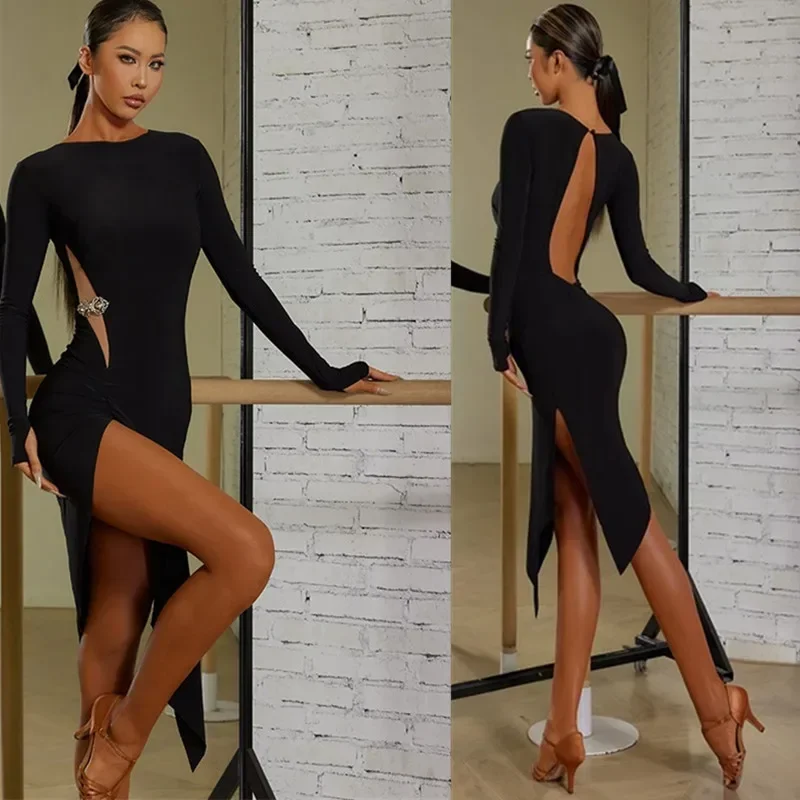 SN55Latin  Dance Dress latin dress black Tango Dress Rumba ChaCha fringe latin dresses woman back cut out@54WE