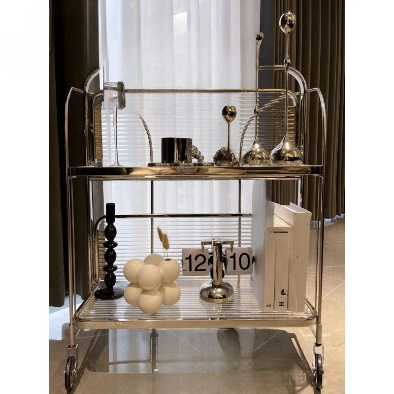 Foldable Mobile Glass Cart Wine Dining Car Internet Celebrities Ins Transparent Glass
