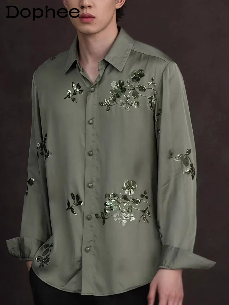 

2025 Autumn Winter New Men's Fashion Sequin Tops Sparkling Long Sleeve Handsome Shirts Fashion Elegant Versatile High-end Shirts