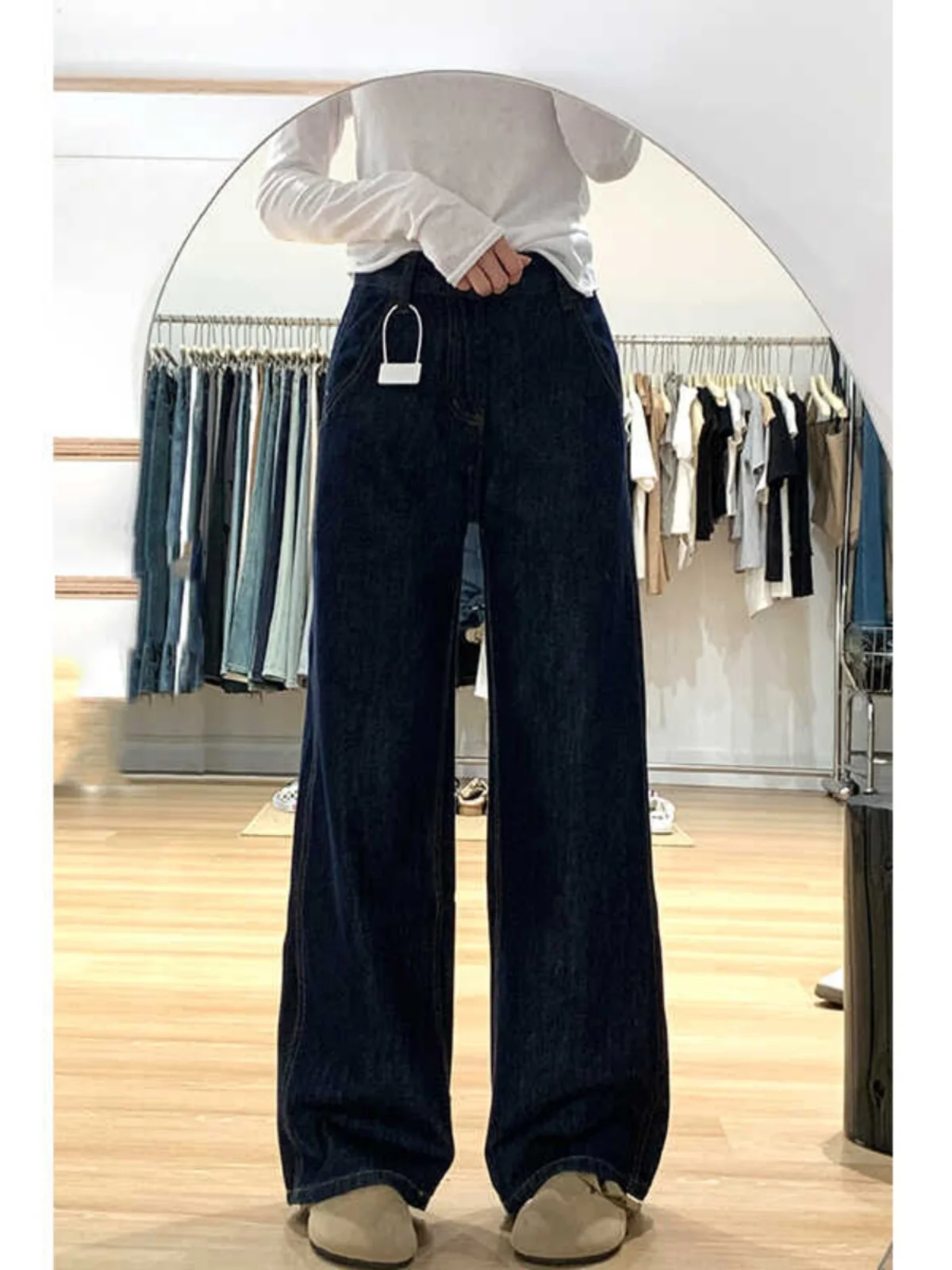 بالإضافة إلى حجم الجينز الأزرق العميق واسعة الساق المرأة عالية الخصر مستقيم فضفاض المناسب الكمثرى القرد الجسم التخسيس بنطلون الخريف جديد Arr... #5