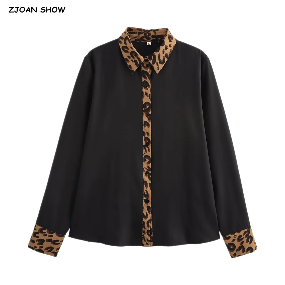 CHIC Spring Lapel Black With Coffee Leopard Print Chiffon Shirt Women Single-Breasted Buttons Full Sleeve Loose Blouses Tops