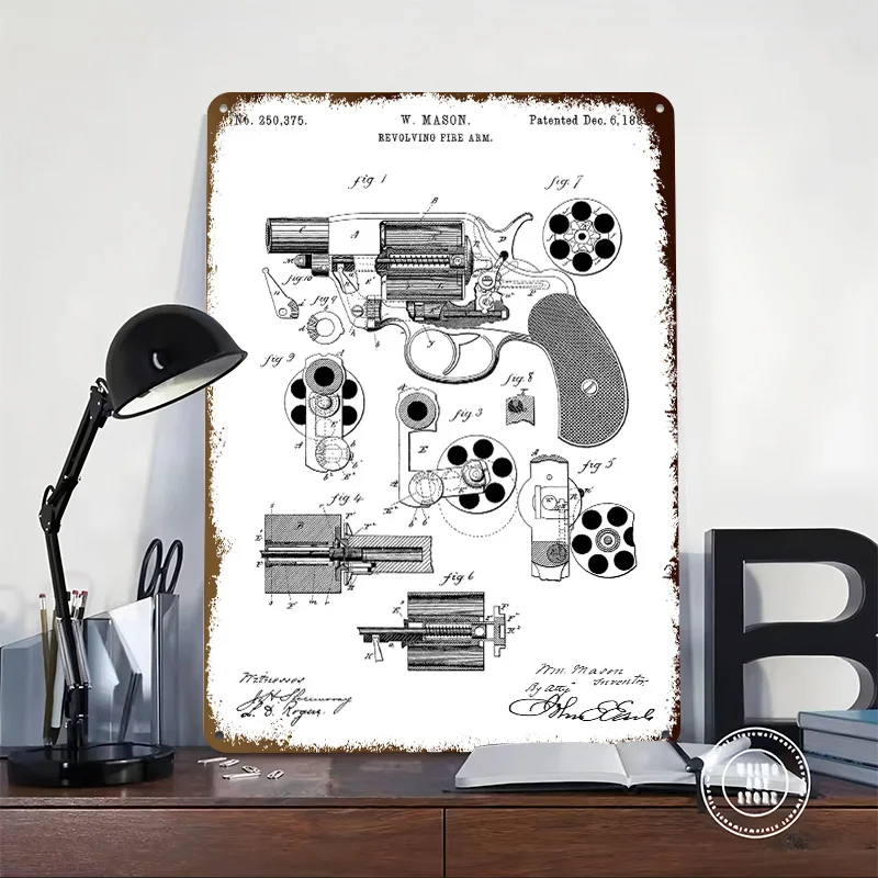 Revolving Fire Arm Patent Drawing Tinplate Posters Customizable Wall Art Retro Vintage Metal Signs for Home Room Desk Decor the