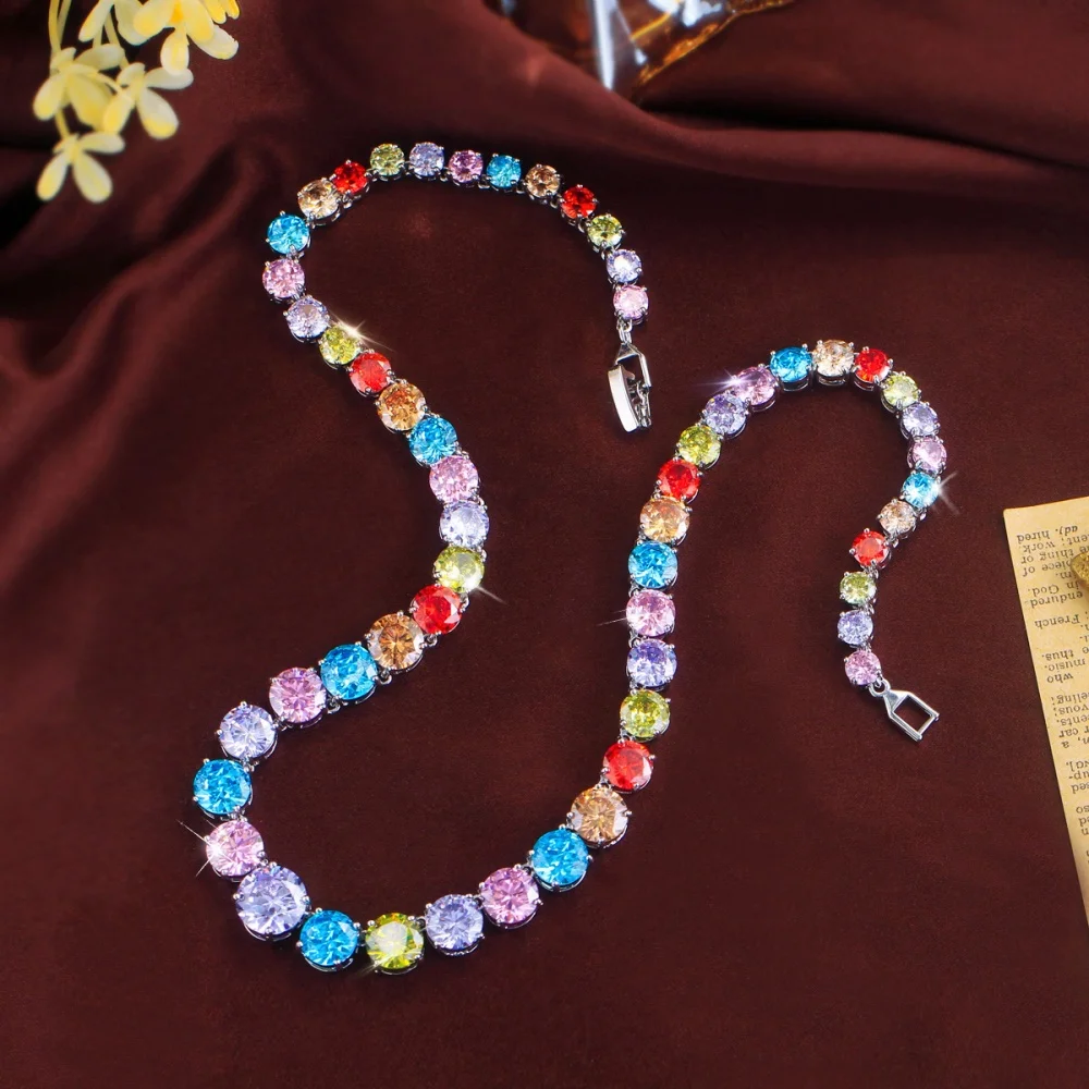 CWWZircons Rundschliff CZ Tennis-Halskette, Iced Out Einreihige Bunte Kettenhalskette für Männer und Frauen, HipHop-Schmuck Großhandel DZ0109 – Detail 6