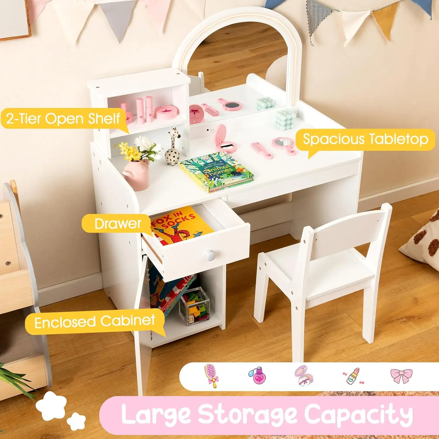 Costzon-Princesa Maquiagem Mesa e Cadeira Conjunto com Espelho Iluminado, Vanity Kids com Luzes, Prateleiras de Armazenamento e Gabinete, 2 em 1 Gaveta