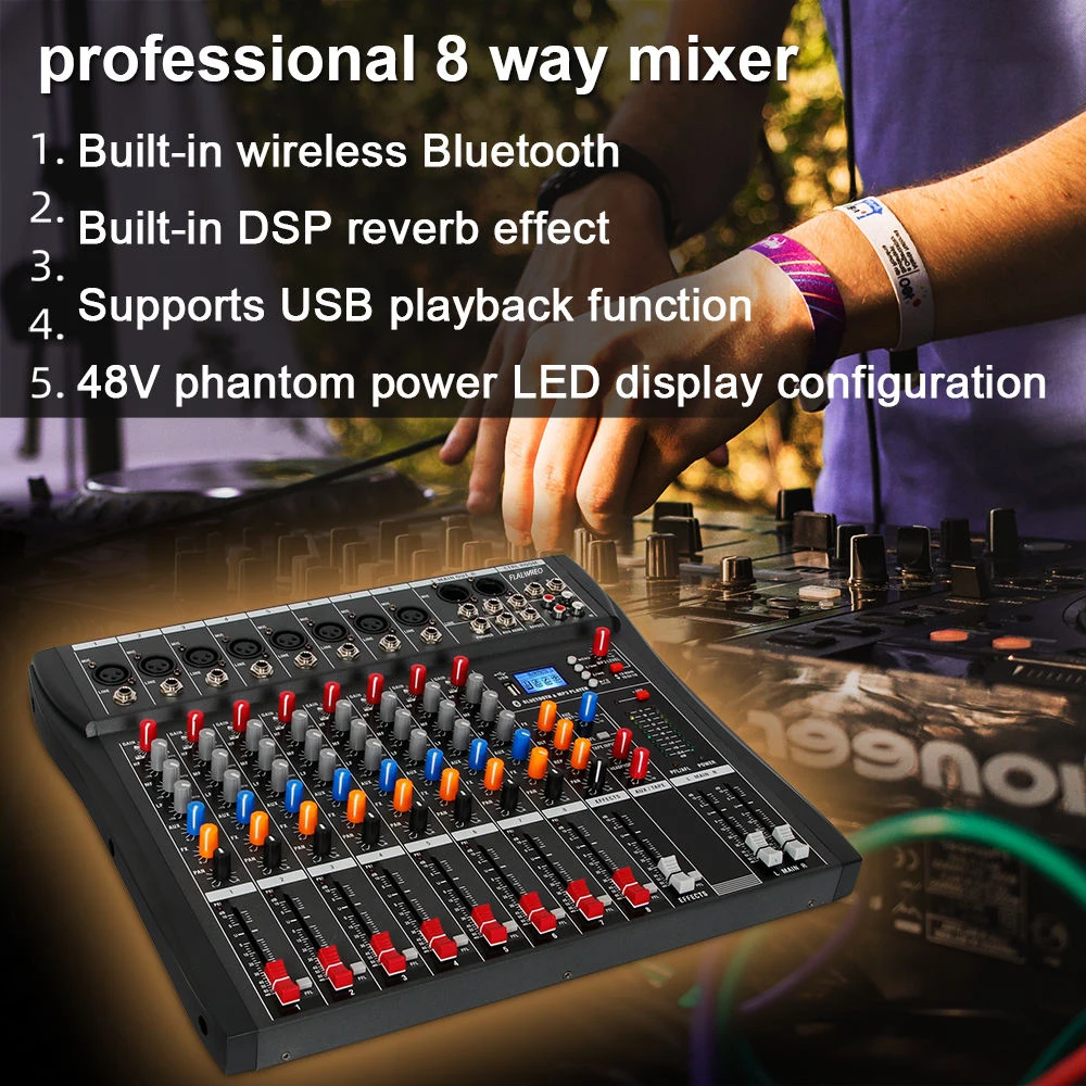 FLALWREO Audio Mixer 6/8/16 Channels Professional DJ mixer +48V Phantom USB Interface Audio Mixer