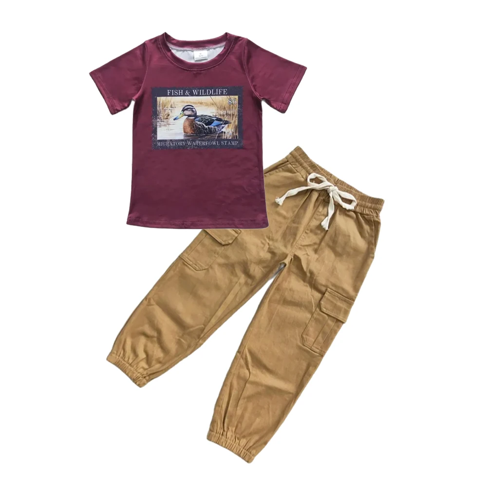 Großhandel Baby Junge Kinder Kurzarm Ente T-shirts Outfit Kinder Kleinkind Cargo Jogger Hosen Tasche Sportswear Jagd Set