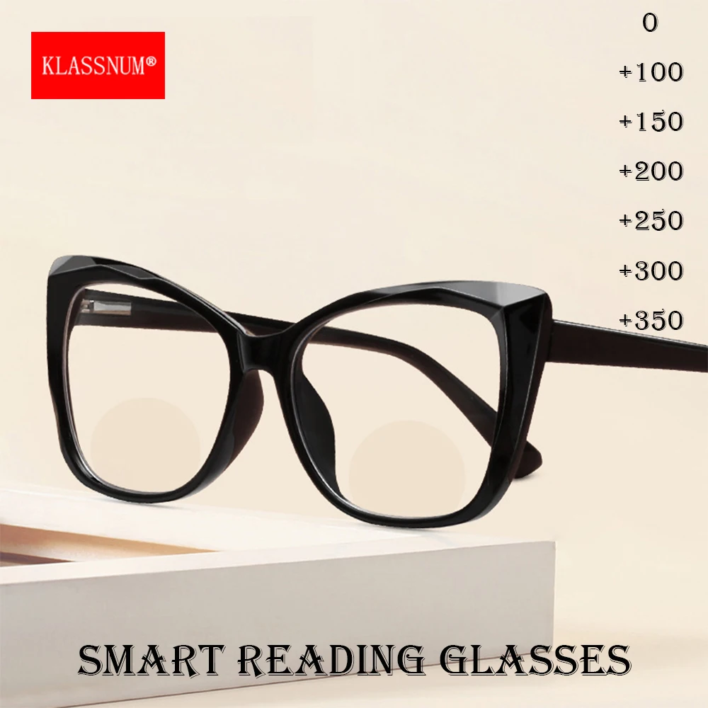 

KLASSNUM модные очки для чтения «кошачий глаз» женские плюс Smart 2 фокусировки очки для пресбиопии 0 + 1,0 + 1,5 + 2,0 + 2,5 + 3,0 очки с прозрачными линзами
