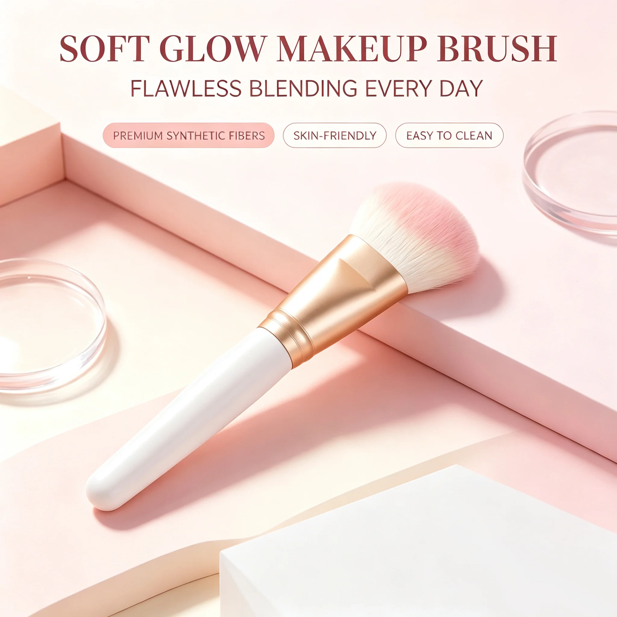 Pink Fluffy Makeup Brush,Premium Synthetic Fiber Brush For Blush, Highlighter & Loose Powder